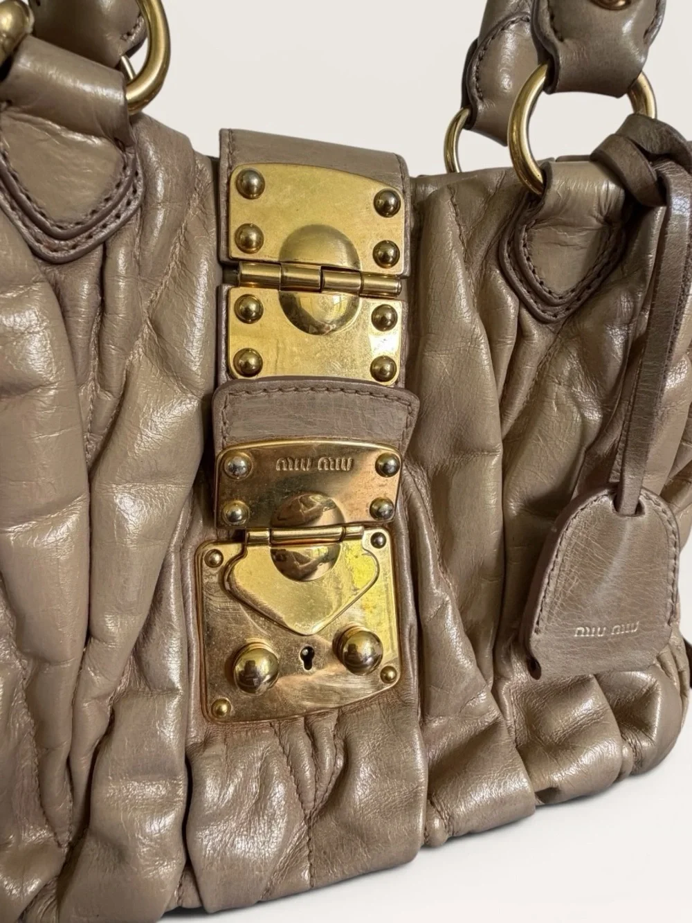 Vintage Miu Miu Matelassé Coffer Bag Iridescent Rose Gold Mauve Leather